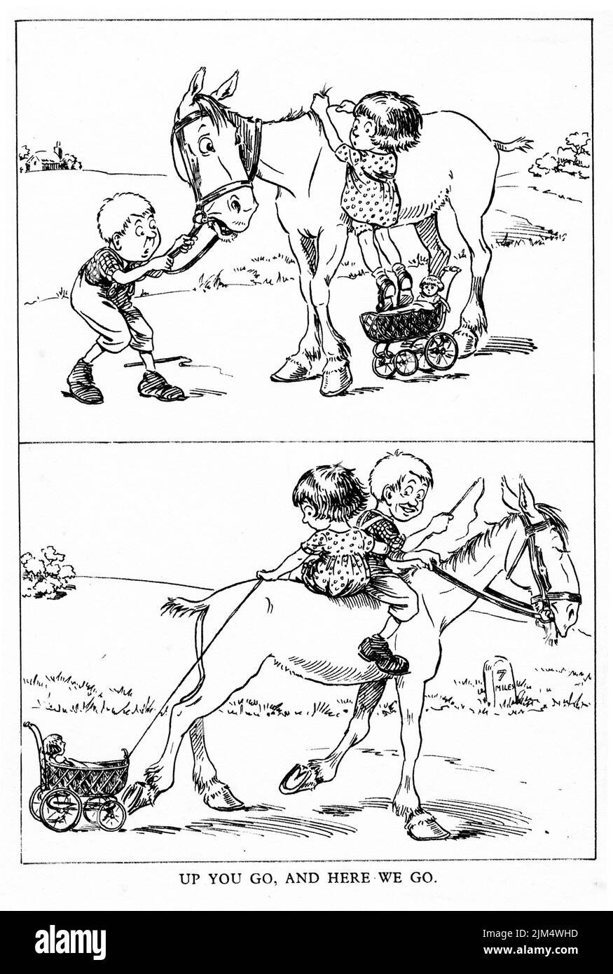 Cartoon-Stil Illustration von zwei Kindern reiten ein Pferd Stockfoto