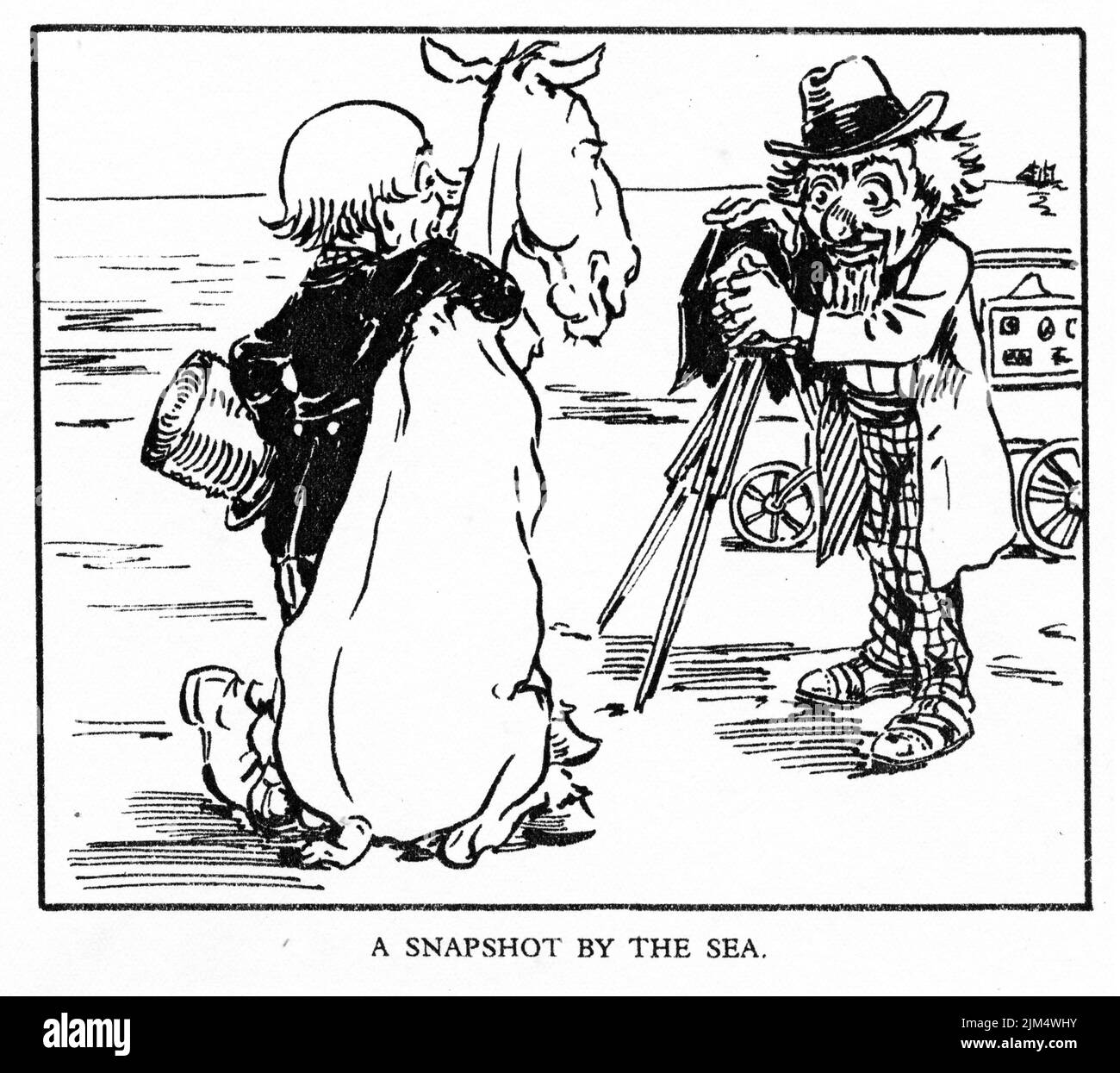 Cartoon-Stil Illustration eines alten Mannes und ein Pferd posiert für ein Foto Stockfoto