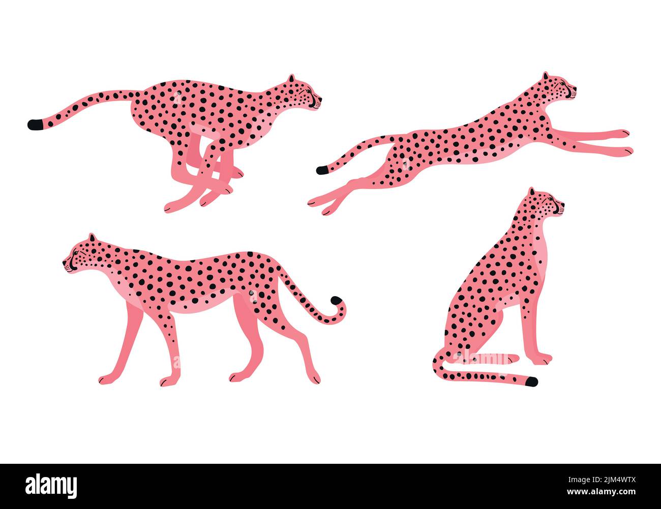 Vektor-Set von rosa flach handgezeichneten Gepard isoliert auf weißem Hintergrund Stock Vektor