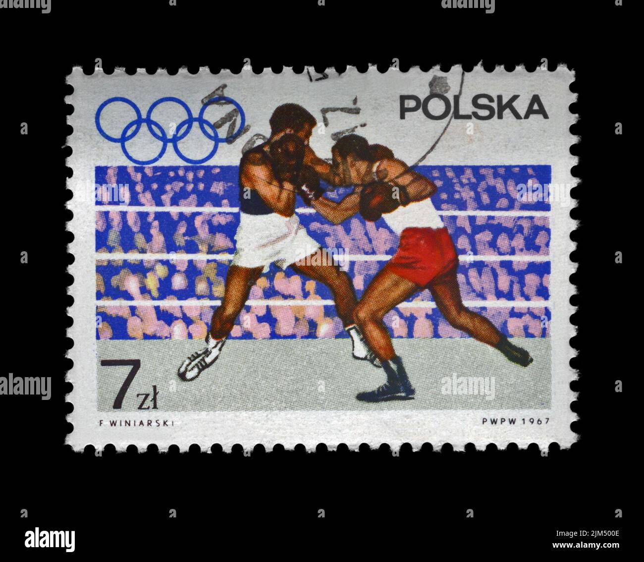 Boxer auf dem olympischen Ring, der den Olympischen Spielen 19. gewidmet ist (Mexiko-Stadt, 1968), um 1967. Abgesagte Vintage-Briefmarke, gedruckt in Polen isoliert Stockfoto