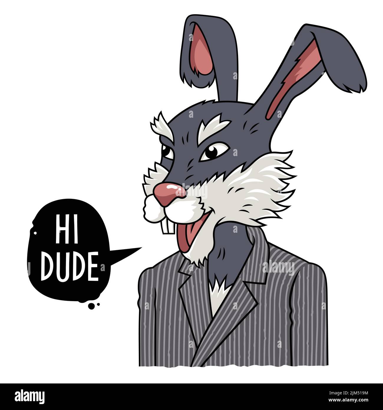 Vektor-Illustration eines Kaninchens in einem klassischen Anzug und Sprechblase mit Phrase Hi dude Stock Vektor