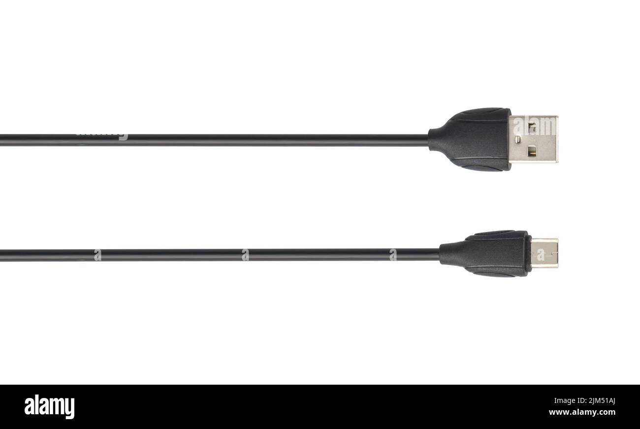 Kabel mit USB- und Micro-USB-Anschluss, auf weißem Hintergrund Stockfoto