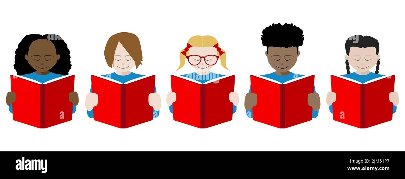 Symbole von fünf lächelnden multikulturellen Kindern, die Bücher lesen. eps-Vektordatei verfügbar. Stock Vektor