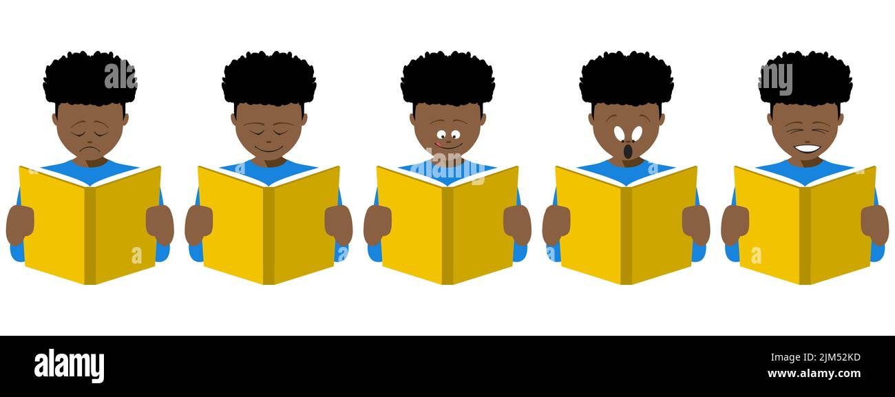 Fünf Symbole zeigen verschiedene Emotionen eines Jungen, der ein Buch liest. eps-Vektordatei verfügbar. Stock Vektor