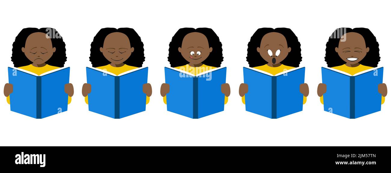 Fünf Symbole zeigen verschiedene Emotionen eines Mädchens, das ein Buch liest. eps-Vektordatei verfügbar. Stock Vektor