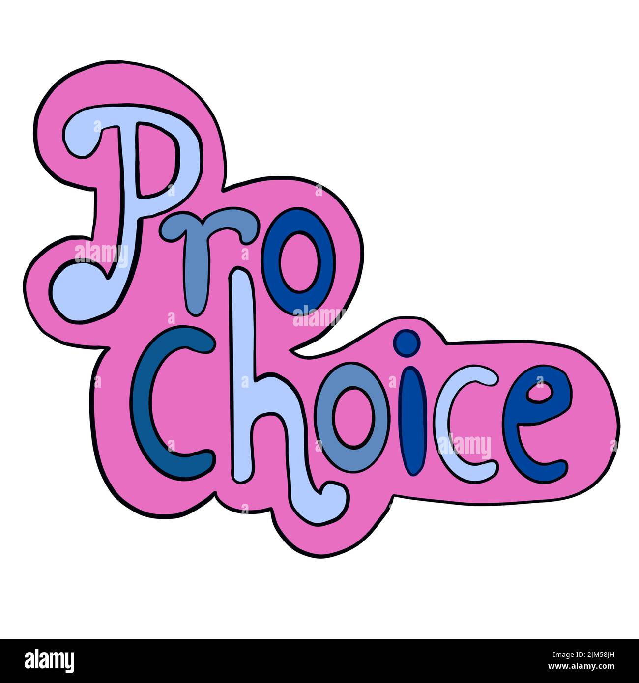 Pro Choice Wörter im pinkblauen Sticker-Stil. Handgezeichnete Illustration für Rechte auf reproduktive Abtreibung, feministisches Konzept, Feminismus Healthcare Roe V wade Banner Stockfoto