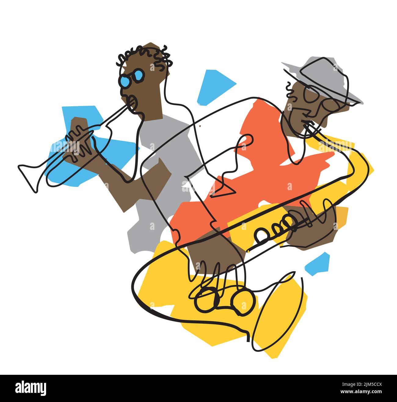 Jazz-Thema mit schwarzen Männern, Trompeter und Saxophonist. Expressive Illustration von zwei Jazzmusikern, durchgehende Linienzeichnung. Stock Vektor