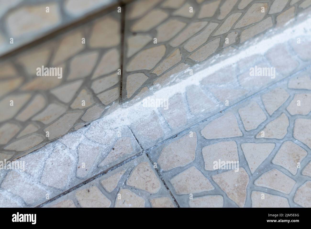 Weißes Pulver, das in Gärten verwendet wird, um Ameisen zu vergiften. Kontrolle von Insekten Plagen auf Gärten im Freien. Stockfoto