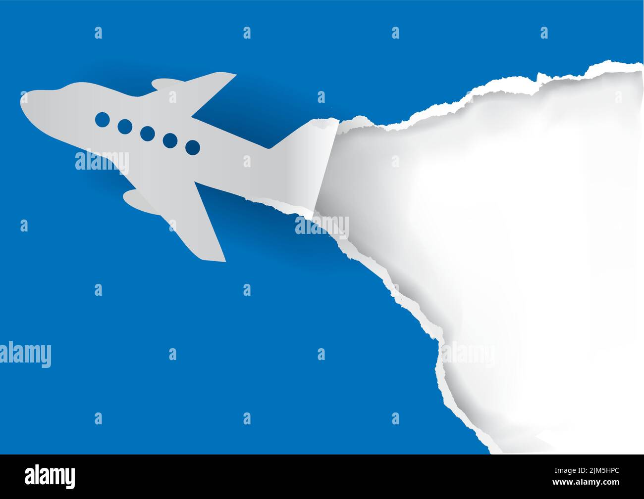 Flugzeug ripping Papier, Werbung Hintergrund. Papiersilhouette des Flugzeugs zerreißend blaues Papier. Original Banner Vorlage.Vektor verfügbar. Stock Vektor