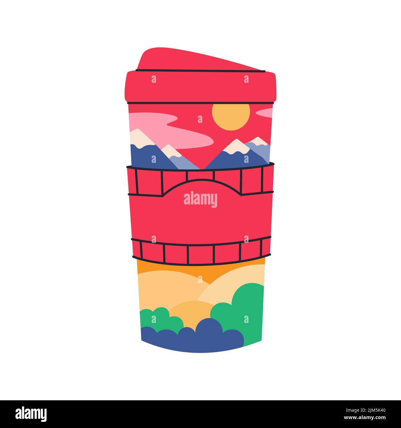 Eine Tasse Kaffee zu einer Berglandschaft im Inneren. Cup-Ärmel mit Platz für Text. Vektorgrafik. Stock Vektor