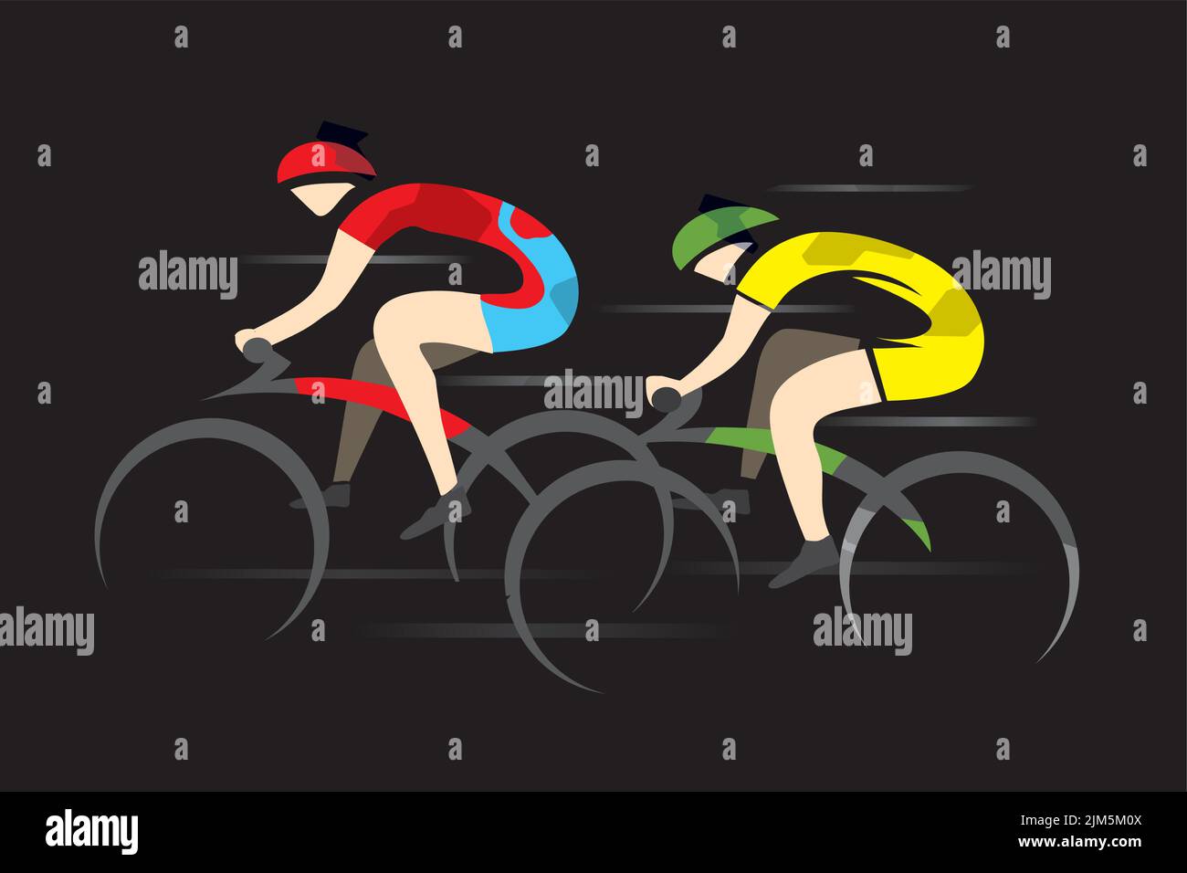 Zwei Sport-Rennradfahrer, volle Geschwindigkeit. Zwei Rennfahrer. Bunte stilisierte Illustration, isoliert auf schwarzem Hintergrund. Vektor verfügbar. Stock Vektor