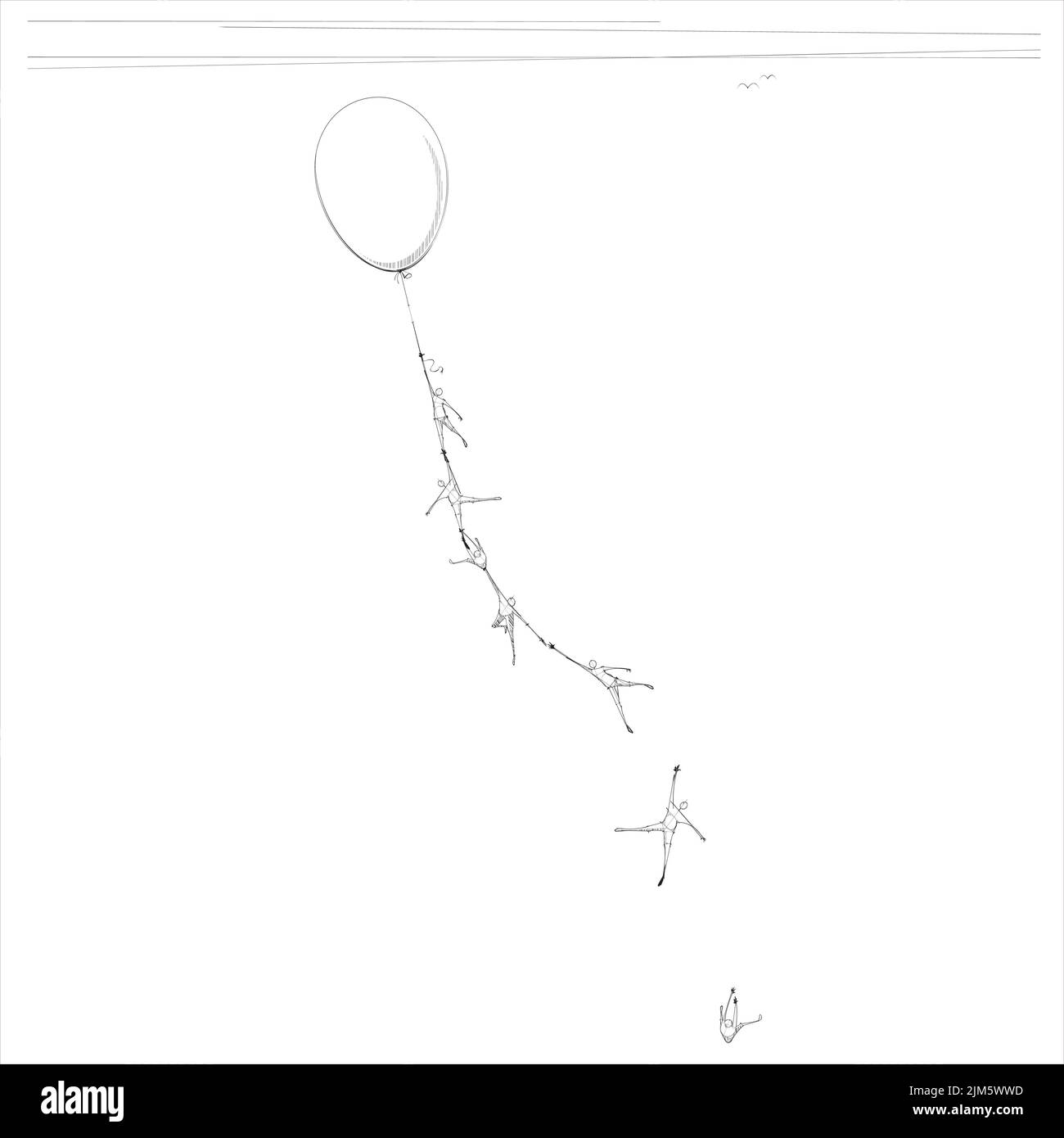 Lange Menschenschnur, die am Ballon hängen Stock Vektor