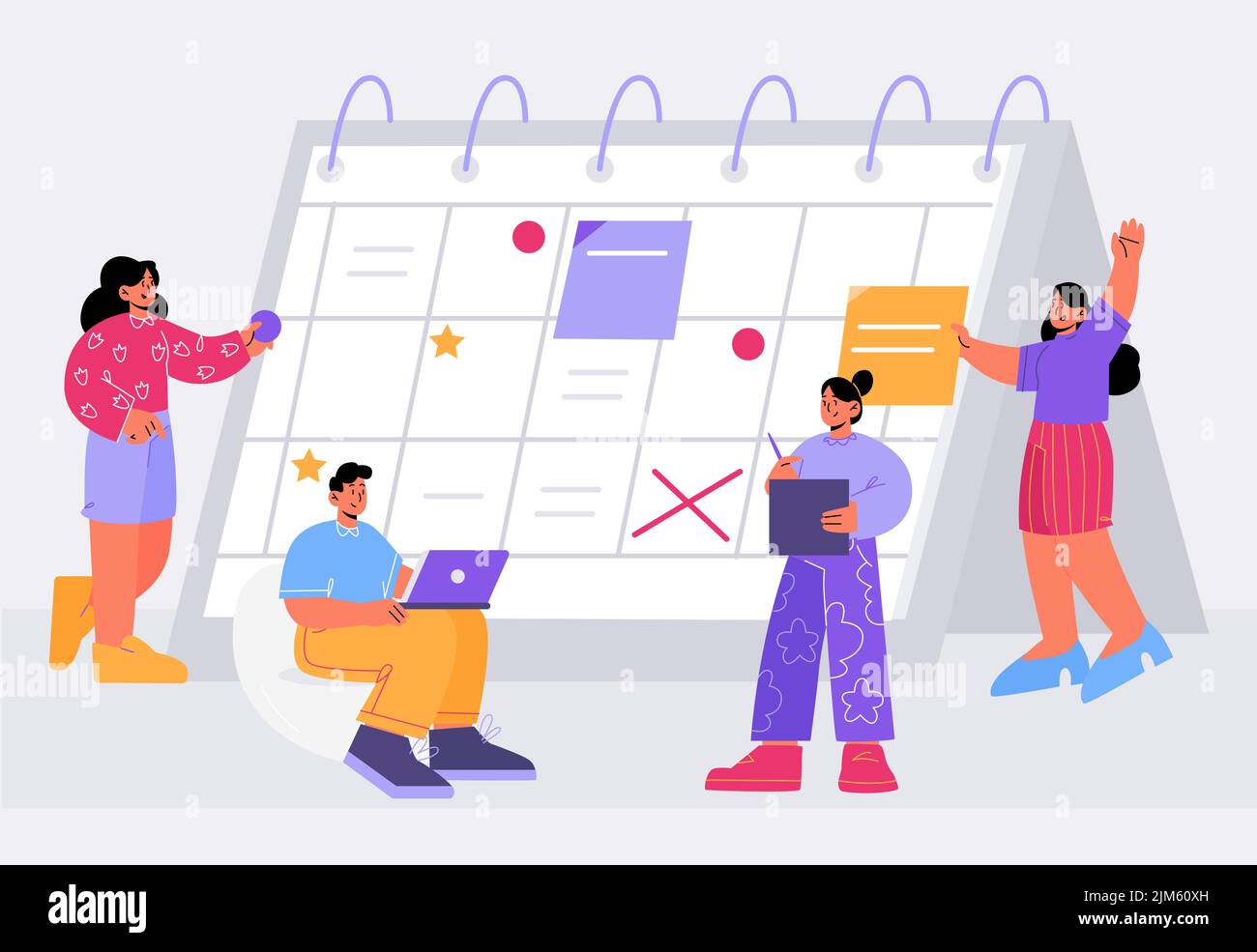 Die Mitarbeiter organisieren die Arbeit mit Kalender, Terminplan. Vektor flache Illustration von Zeitmanagement, Geschäftsplan. Männer und Frauen Mitarbeiter markieren Ereignisse, Aufgaben und Routinen auf dem Tagesplaner Stock Vektor