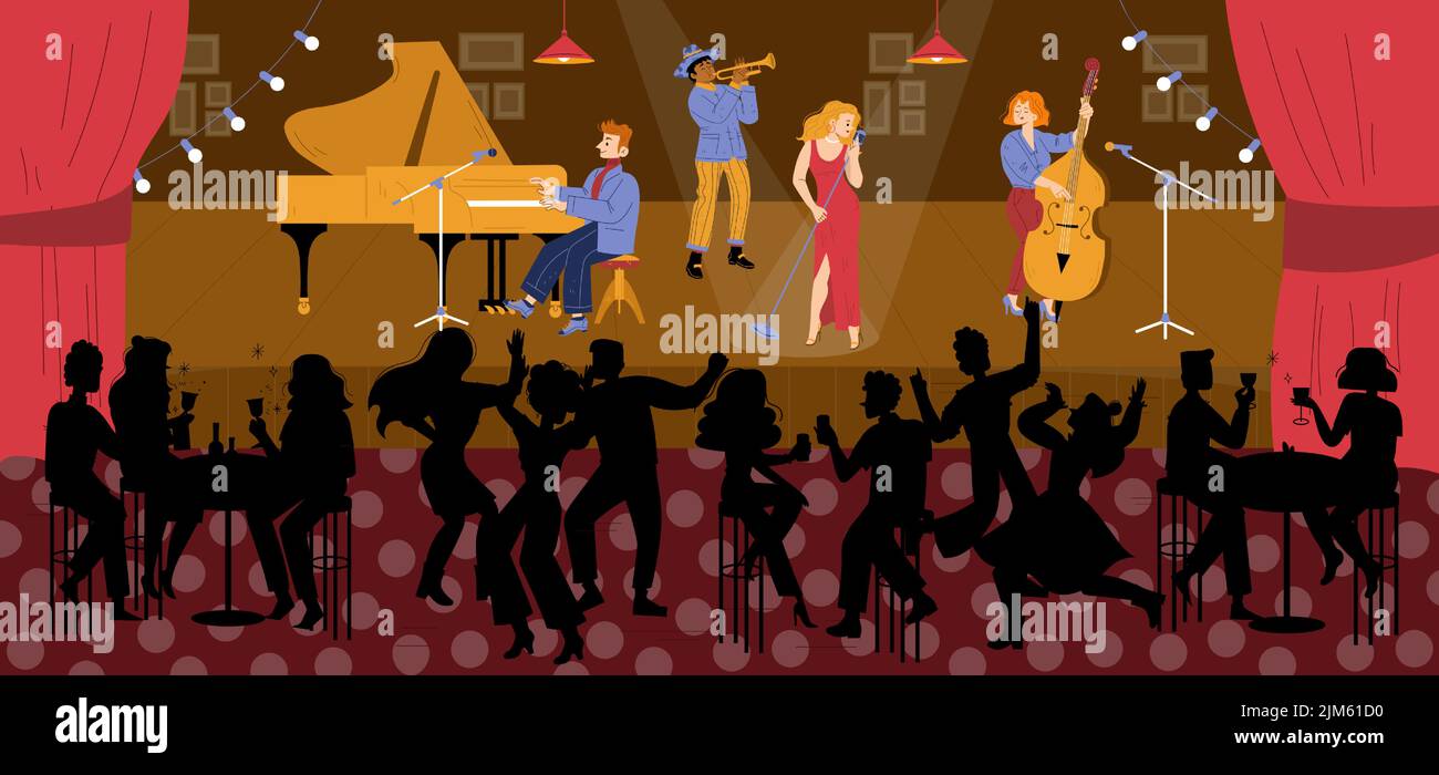 Jazz-Club mit Musikband auf der Bühne und Menschen tanzen und trinken Wein. Vektor flache Illustration von Live-Konzert in Café oder Restaurant mit Musikern und Sänger auf der Szene und Tänzer Silhouetten Stock Vektor
