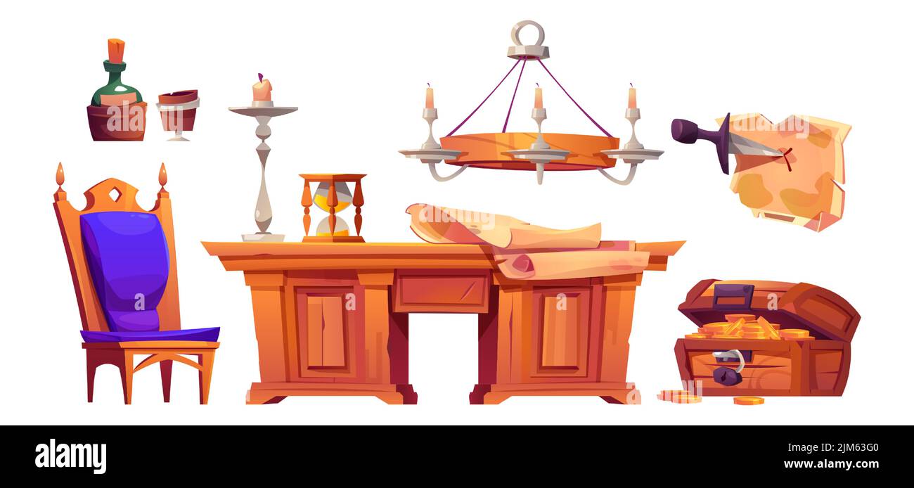 Piratenschiff-Kabinenset mit altem Holztisch, Stuhl und Schatzkiste. Vektor-Cartoon-Illustration von Kapitänszimmermöbeln, Karte, Rumflasche, Dolch und Kerzen isoliert auf weißem Hintergrund Stock Vektor