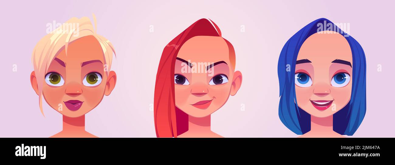 Frauen Köpfe mit blonden, roten und blauen Frisuren. Weibliche Porträts mit verschiedenen stilvollen Haarschnitten. Vektor Cartoon Illustration von schönen Mädchen Gesichter, Mode-Damen Avatare Stock Vektor