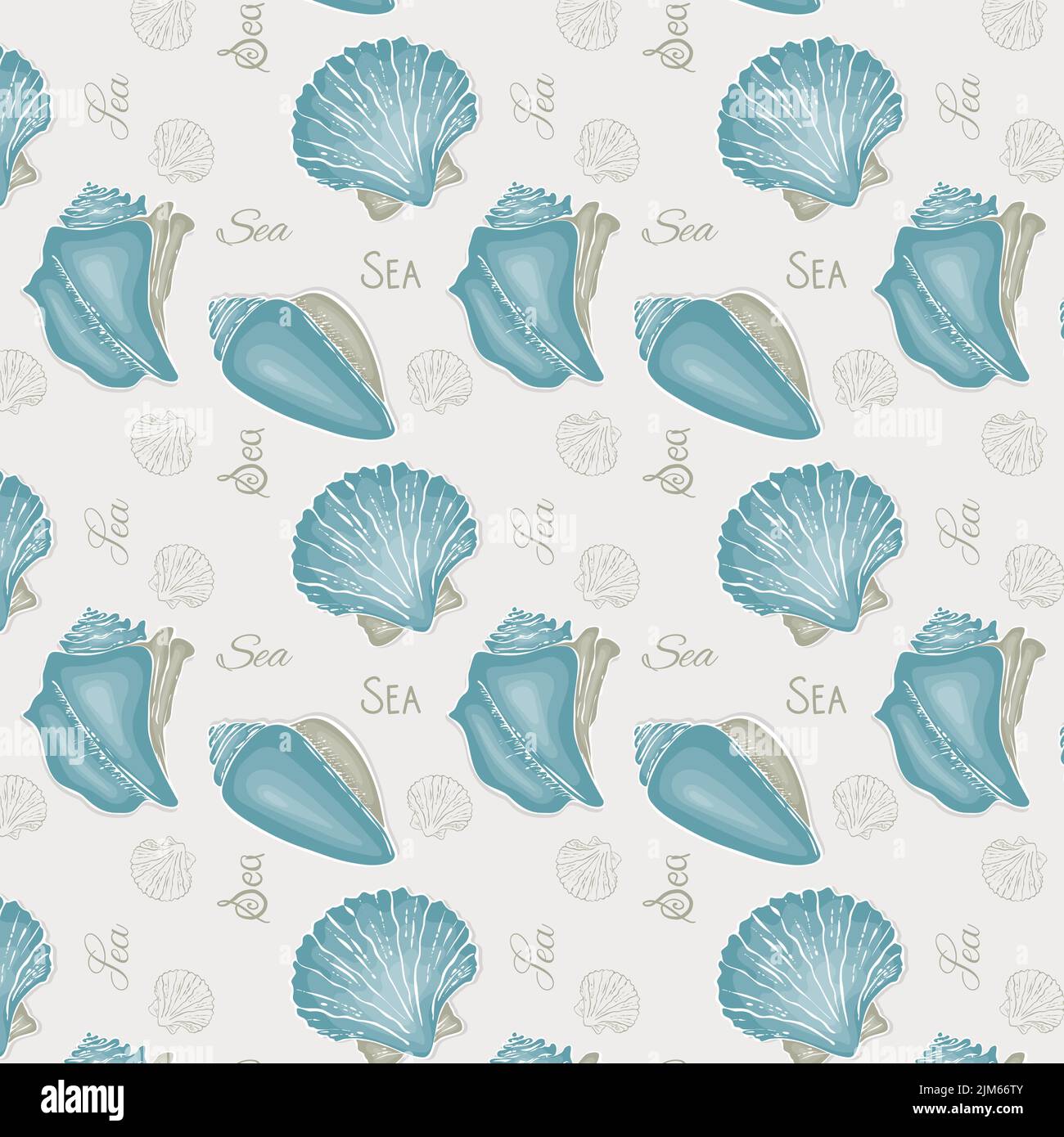 Muster Seashell handgezeichnete Doodle-Zeichnung, Text Meer, blaue Farbe. Vektorgrafik Stock Vektor
