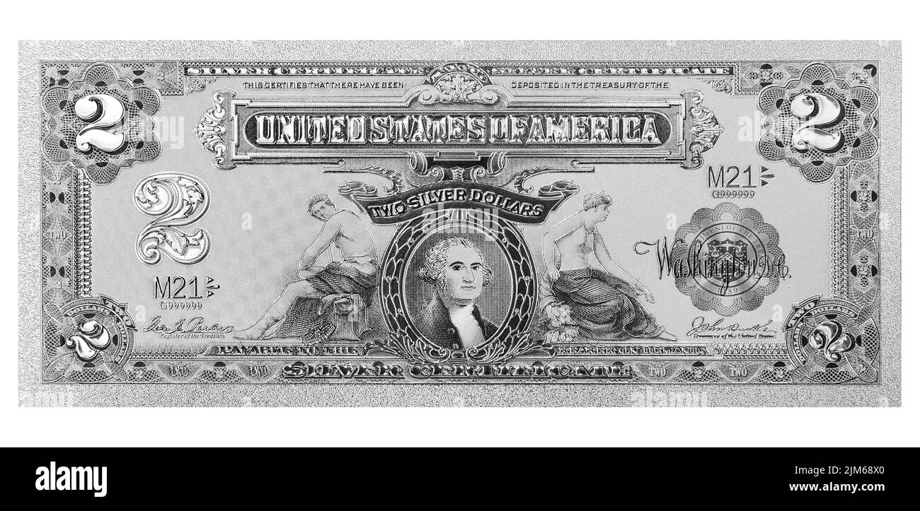 Eine Graustufe der alten zwei amerikanischen Dollar-Banknote auf isoliertem weißem Hintergrund Stockfoto