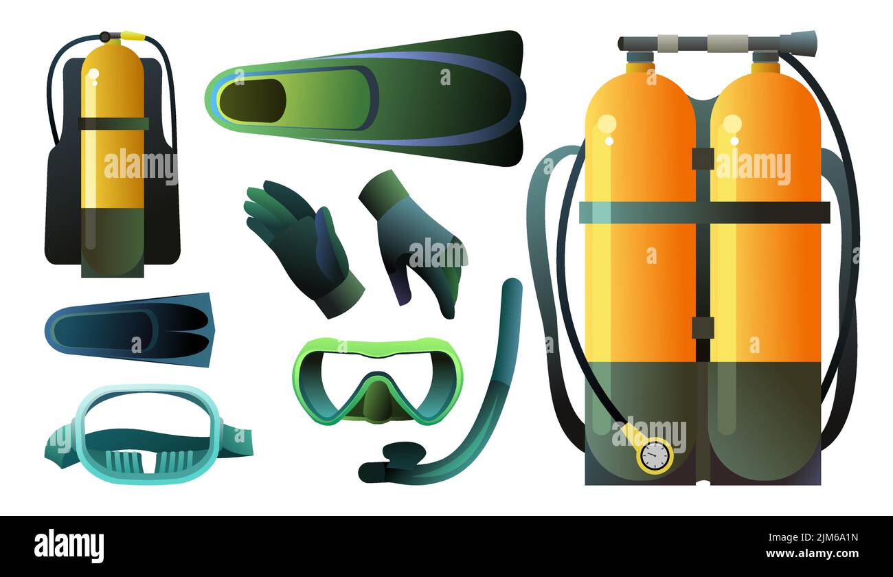 Tauchkit mit Sauerstofftank in Maske und Flossen. Set von Ausrüstung für Schwimmen und Tauchen. Objekt auf weißem Hintergrund isoliert. Vektor. Stock Vektor