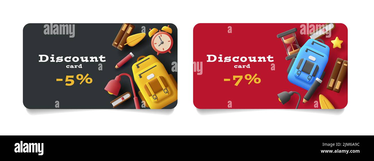 Karten Vorlage für Promo-Rabatte mit Schulartikeln 3D Illustration Stock Vektor