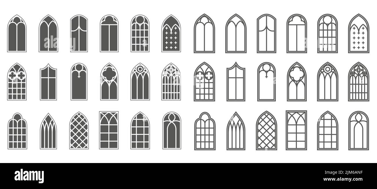 Kirchenfenster gesetzt. Silhouetten von gotischen Bögen in Linie und Glyphe klassischen Stil. Alte Kathedralenglasrahmen. Mittelalterliche Inneneinrichtung. Vektor-Illus Stock Vektor