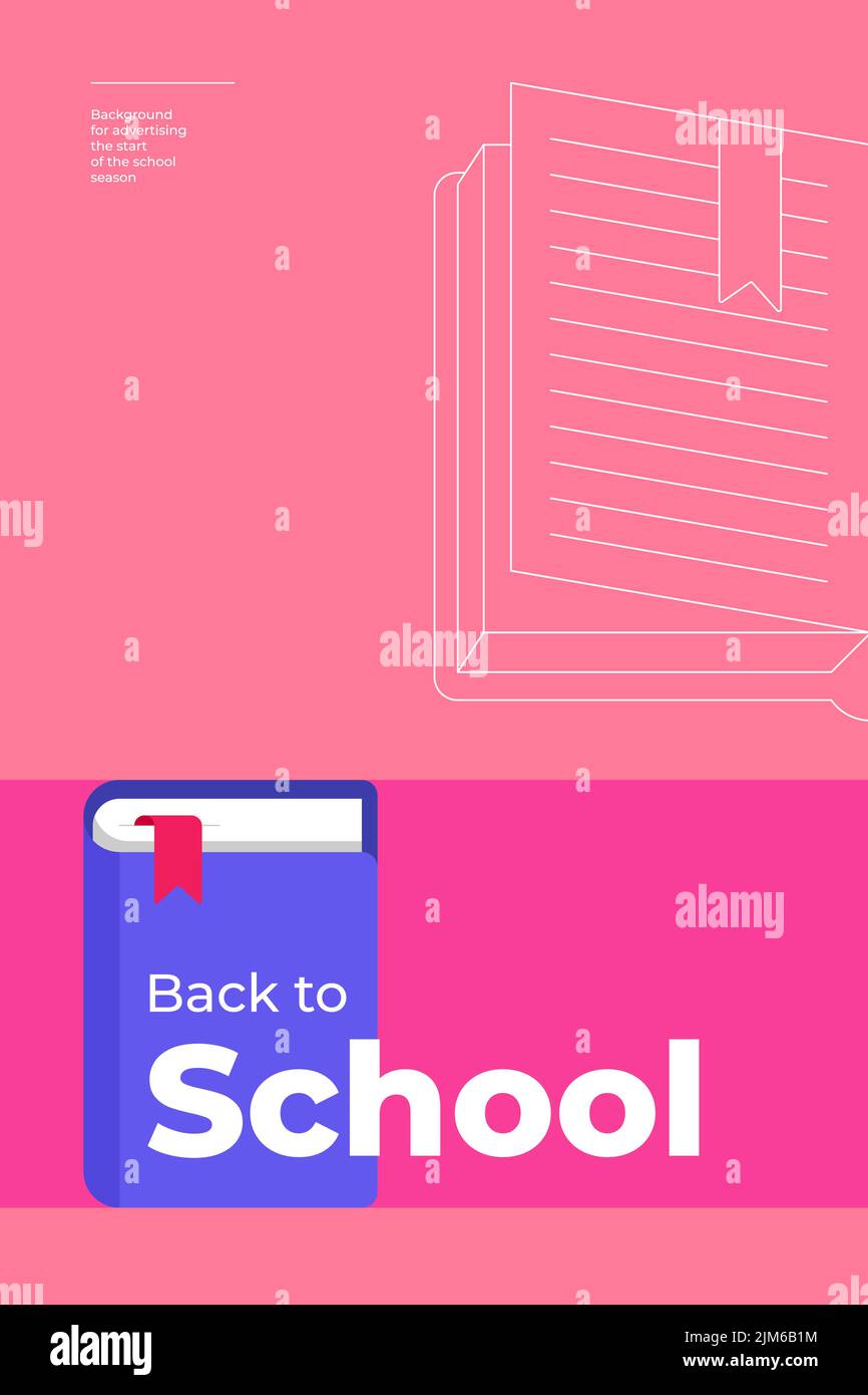Back to School Minimal trendy vertikales Poster mit Buch und Text. Saison pädagogische Werbung Hintergrund rosa Farbe kreative Flyer Design. Flaches, einfaches, minimalistisches Vektor-eps-Banner Stock Vektor