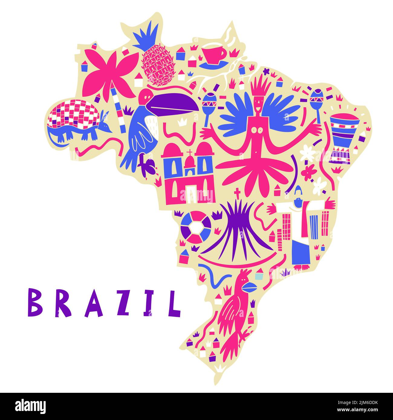 Vektor Hand gezeichnete stilisierte Karte von Brasilien Sehenswürdigkeiten. Südamerika Kartenelement. Federative Republik Brasilien Reisebilder Stock Vektor
