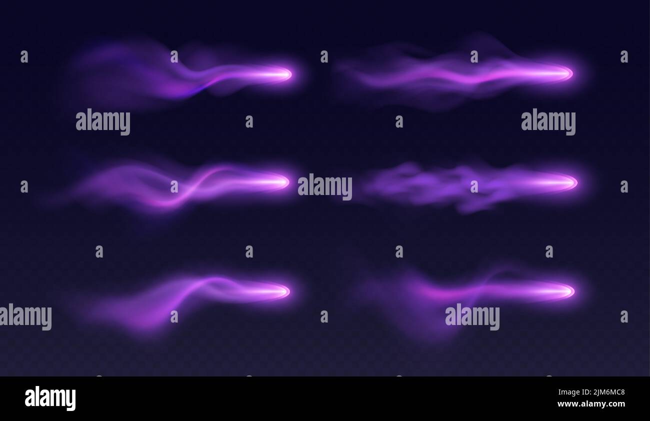Magic Arrows-Effekt, lila Lichtspuren mit buntem Dunst, realistischer Hexenzauber in Bewegung. Stock Vektor