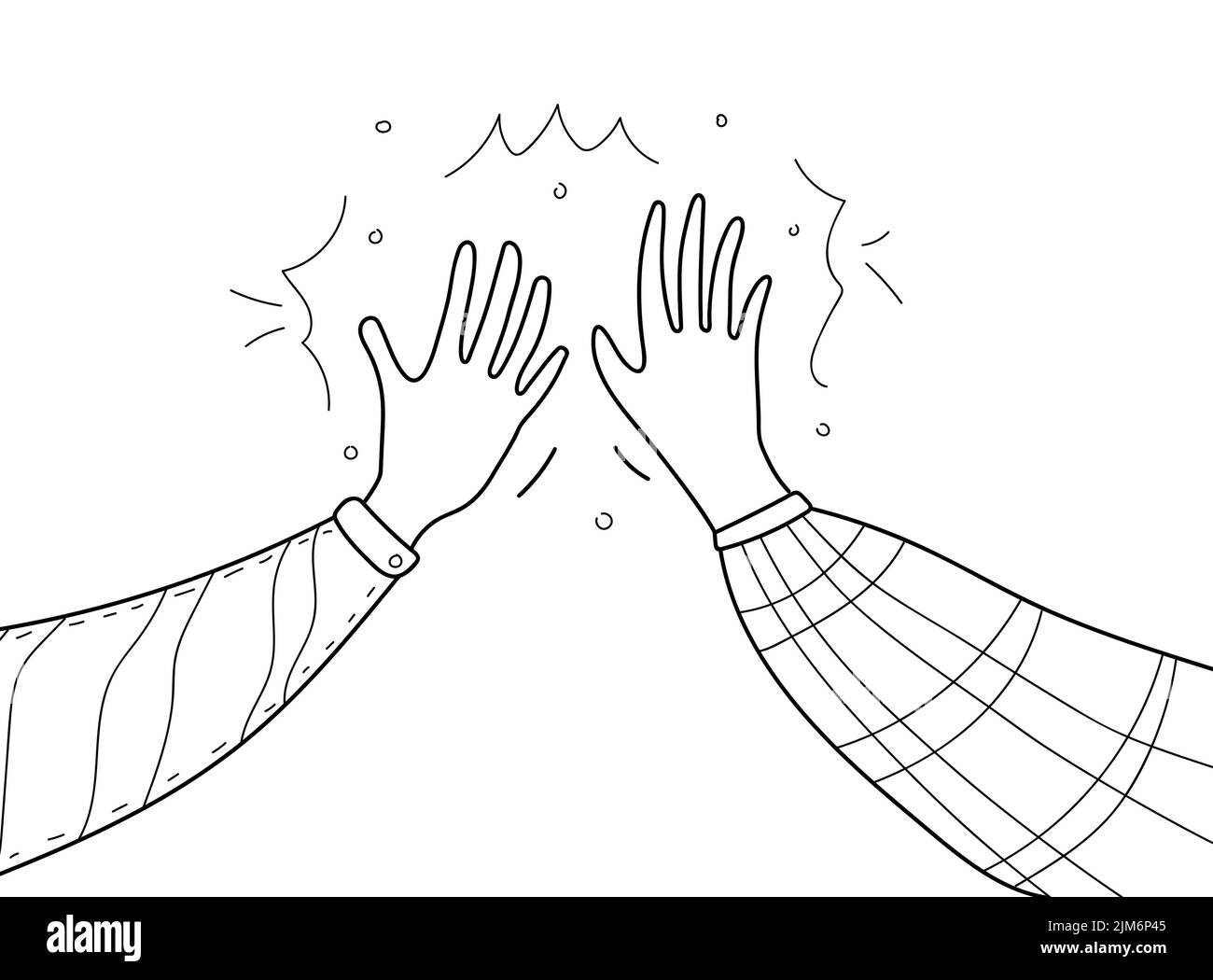 Geben Sie fünf Konzept-Vektor in Linie, Doodle-Stil. Symbol der freundlichen Begrüßung von zwei Personen. Freudige Hand klatscht. Stock Vektor
