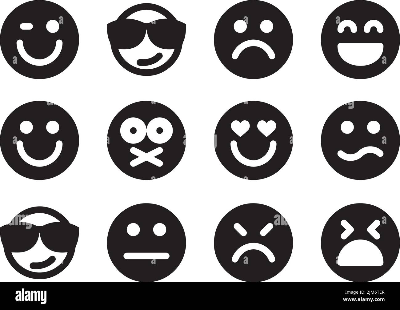 Ein Vektor-Set aus schwarzen Emojis mit verschiedenen Emotionen isoliert auf einem weißen Hintergrund Stock Vektor