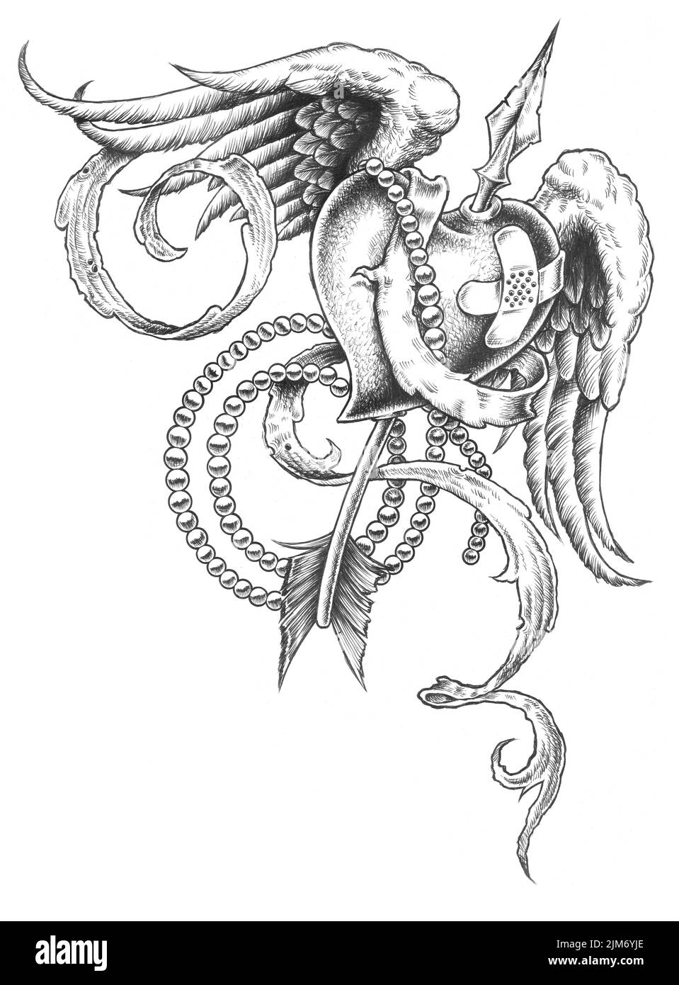 Die Zeichnung eines geflickten Herzens mit Flügeln und einem Pfeil Stockfoto