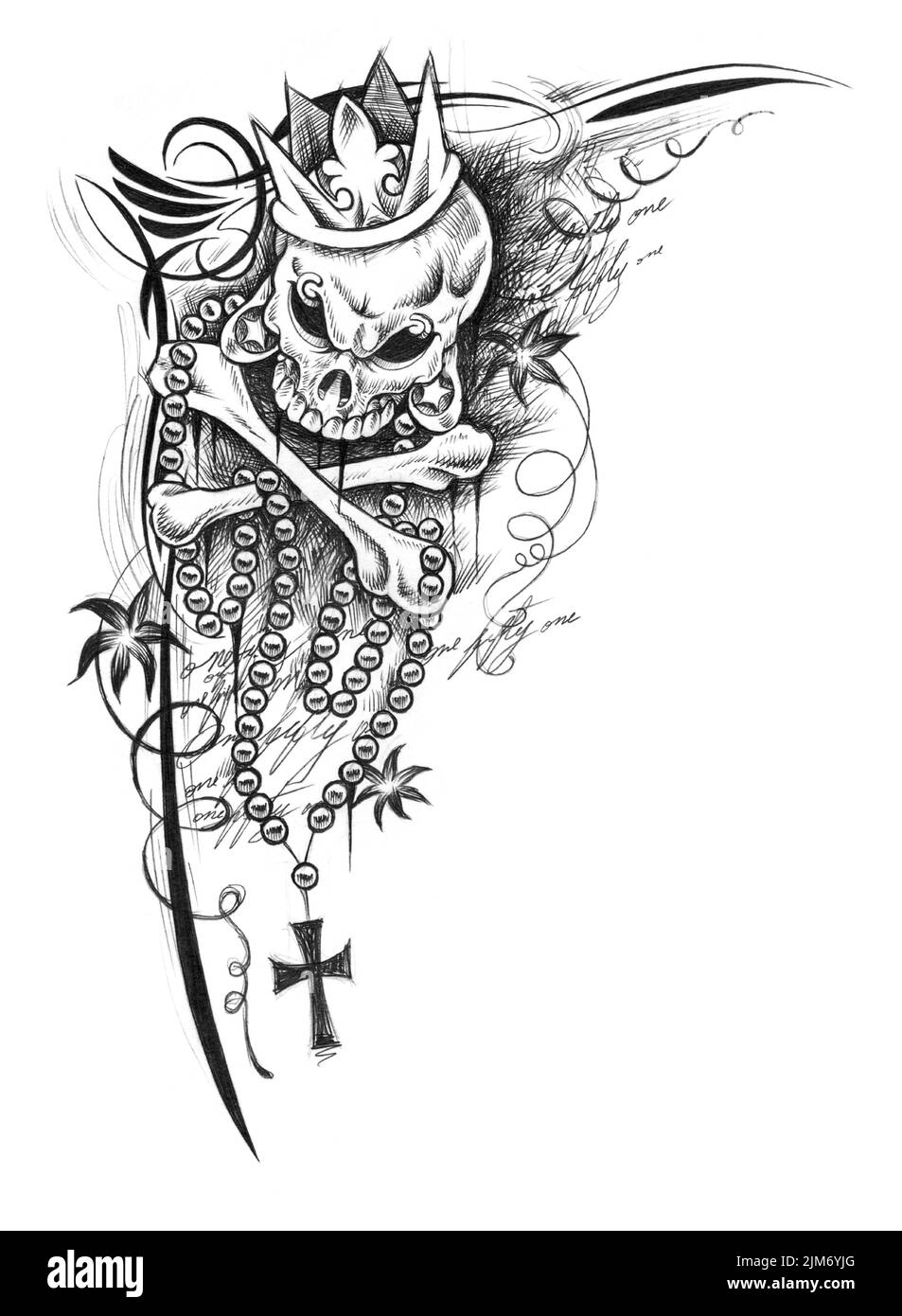 Eine digitale schwarz-weiße Tattoo-Illustration eines Totenschädels mit einer Krone und einer Kreuz-Halskette Stockfoto