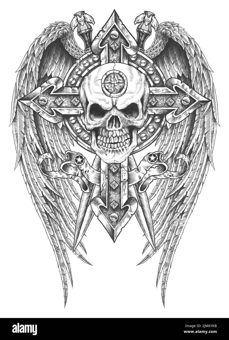 Eine digitale schwarz-weiße Tattoo-Illustration eines Totenschädels mit Schwertern und Flügeln Stockfoto