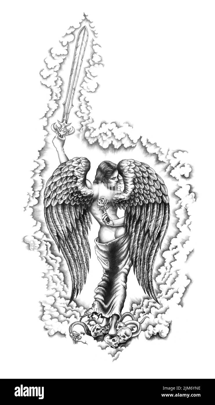 Eine digitale schwarz-weiße Tattoo-Illustration eines Engels mit einem Schwert Stockfoto