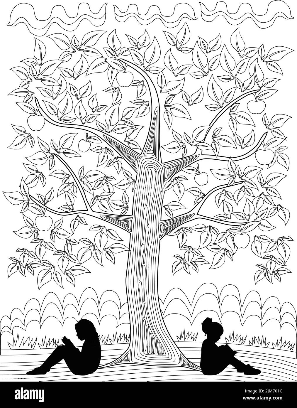 Malbuch-Seite Mit Zwei Mädchen, Die Buch Leaning On Apple Tree Lesen. Blatt, Auf Dem Kinder In Notizbüchern Schreiben, Mit Dem Rücken Zugewandt Stock Vektor