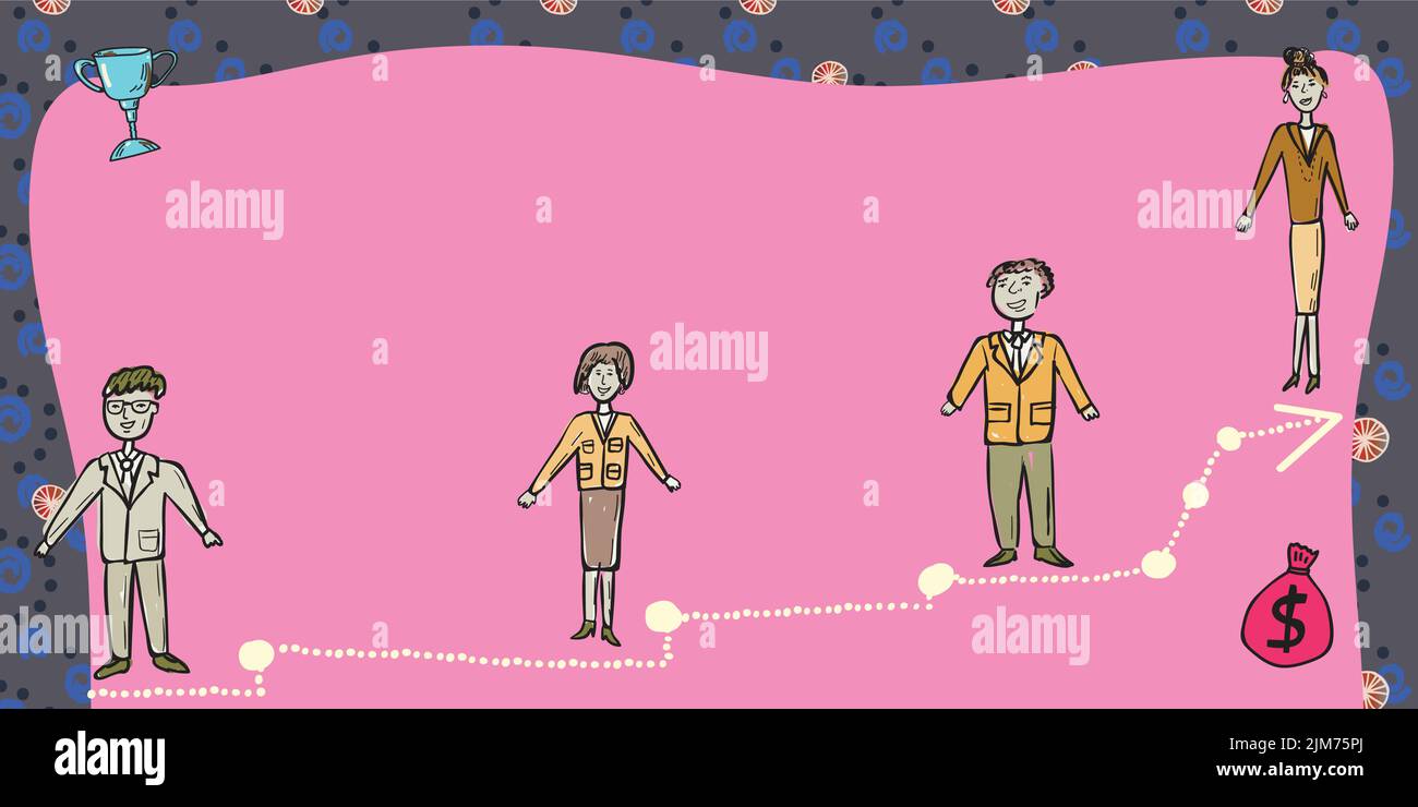 Business Team Steht Auf Der Treppe Zum Erfolg Mit Trophäe Und Geld Tasche An Den Seiten. Geschäftsleute Und Geschäftsfrauen Präsentieren Wichtige Entwicklung Stock Vektor