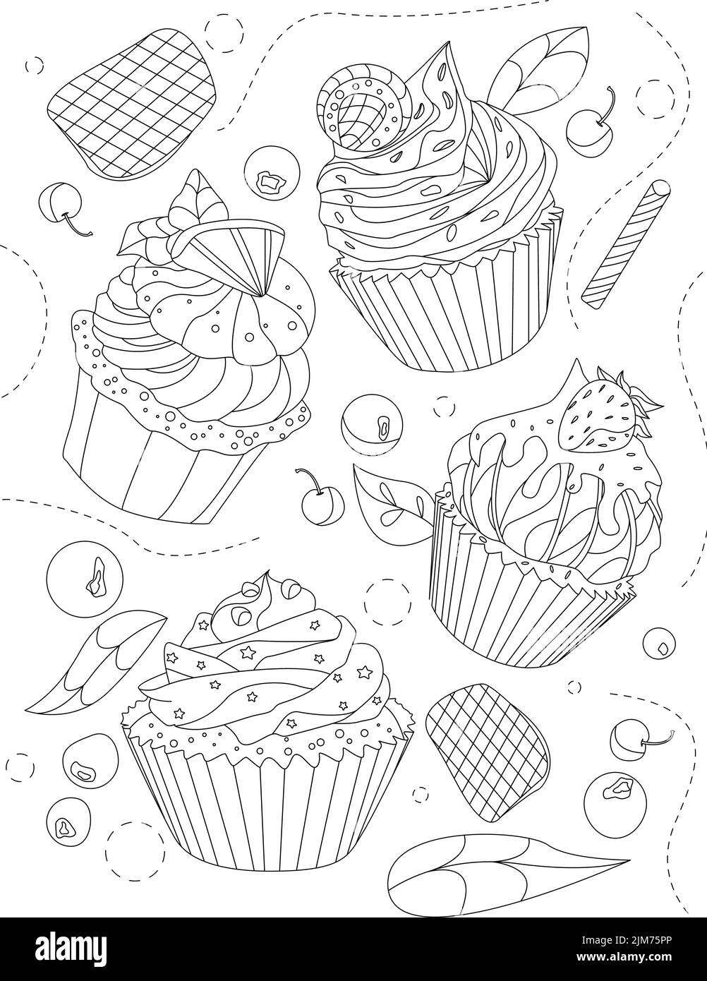 Malbuch-Seite Mit Verschiedenen Cupcakes Mit Früchten Und Blättern Im Hintergrund. Das Blatt Muss Mit Verschiedenen Muffins Gefärbt Werden. Nachspeisen Mit Fruchtigen Noten Stock Vektor