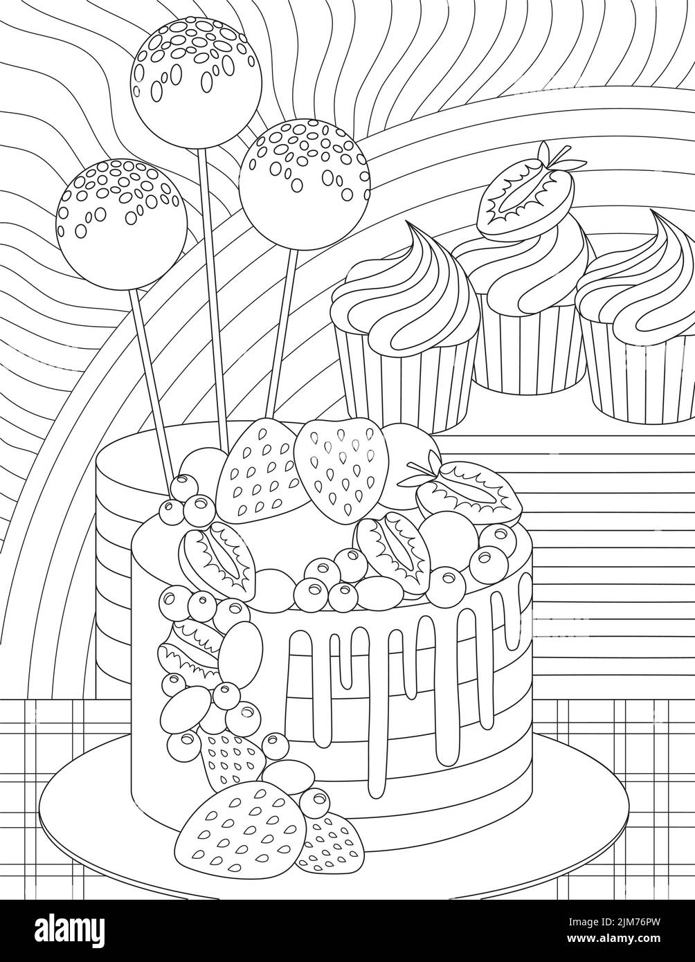 Malbuch-Seite Mit Geburtstagskuchen Mit Fruchtigen Dekorationen Und Cupcakes Auf Dem Tisch. Laken Zum Einfärben Mit Süßes Dessert Und Muffins Stock Vektor
