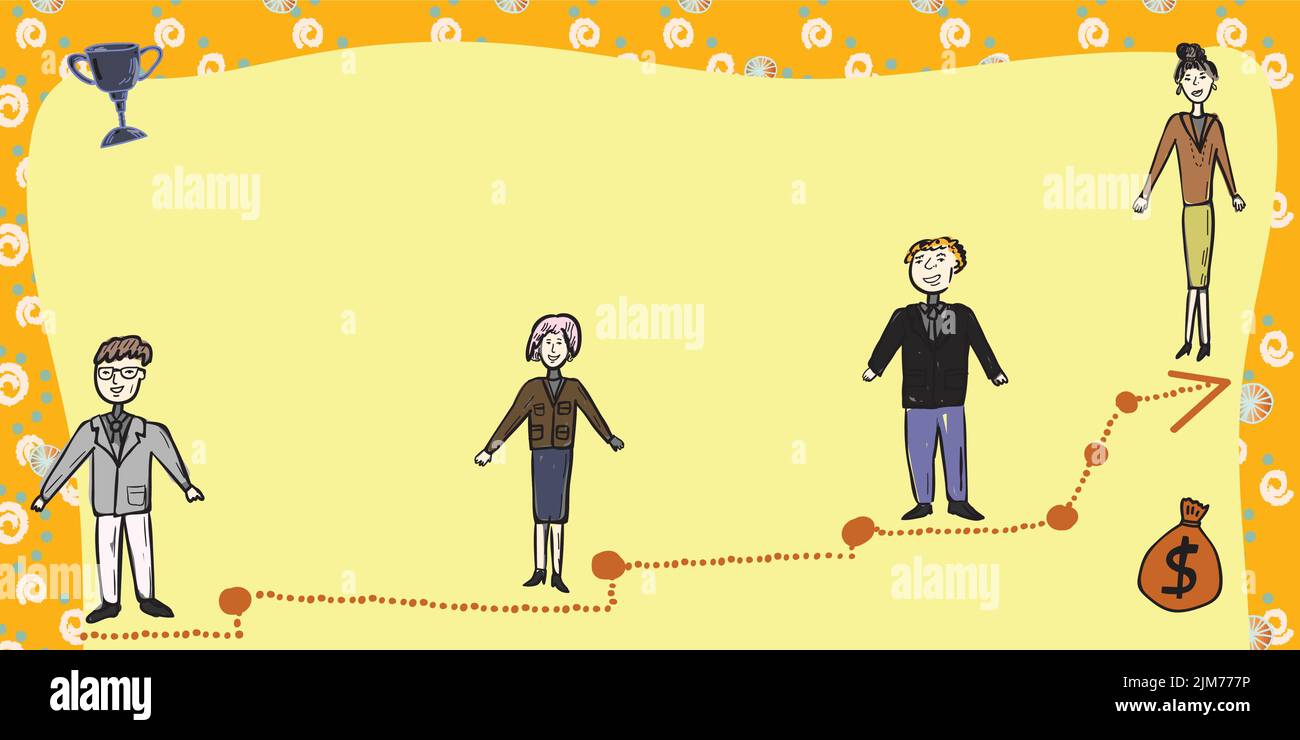 Business Team Steht Auf Der Treppe Zum Erfolg Mit Trophäe Und Geld Tasche An Den Seiten. Geschäftsleute Und Geschäftsfrauen Präsentieren Wichtige Entwicklung Stock Vektor