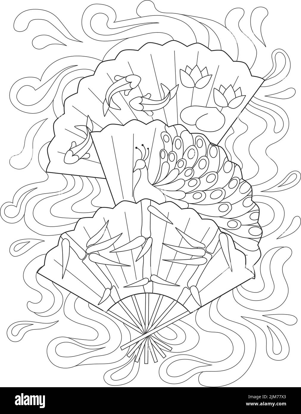 Malbuch Seite Mit Drei Hand Fans Mit Verschiedenen Designs. Das Blatt Ist Mit Schwimmfischen, Pfauen Und Lotus-Dekorationen Zu Färben. Klappventilator Stock Vektor