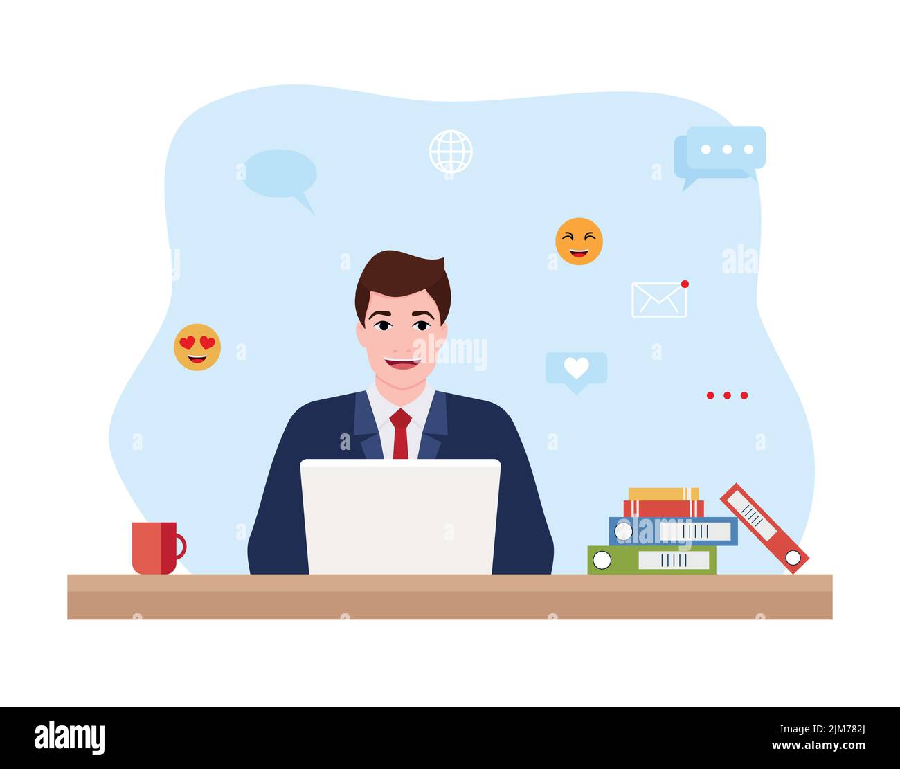 Unternehmer in einem Anzug, der an seinem sauberen und eleganten Schreibtisch an einem Laptop arbeitet. Flache Farbe moderne Vektor-Illustration. Eps Stock Vektor