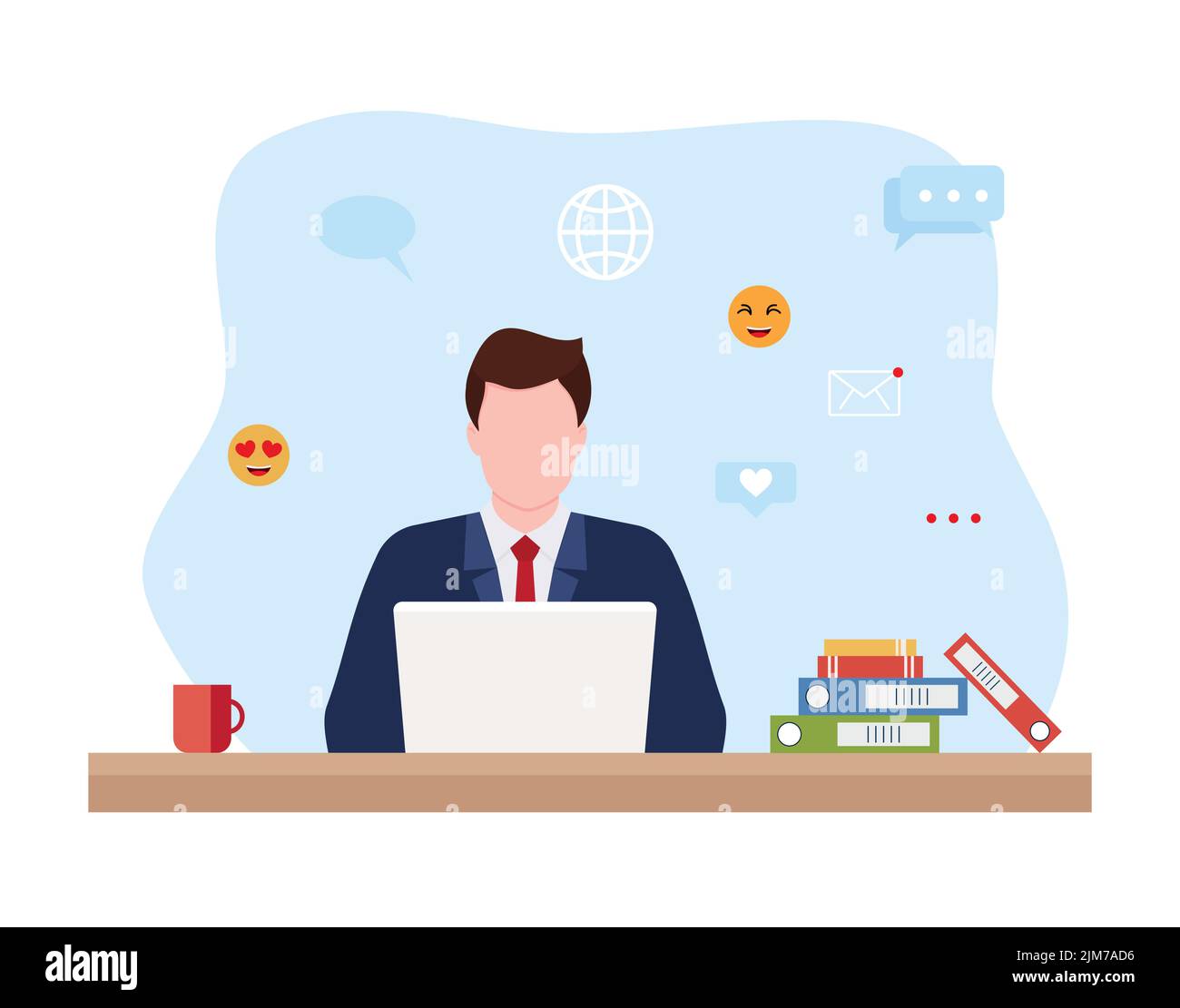 Unternehmer in einem Anzug, der an seinem sauberen und eleganten Schreibtisch an einem Laptop arbeitet. Flache Farbe moderne Vektor-Illustration. Eps Stock Vektor