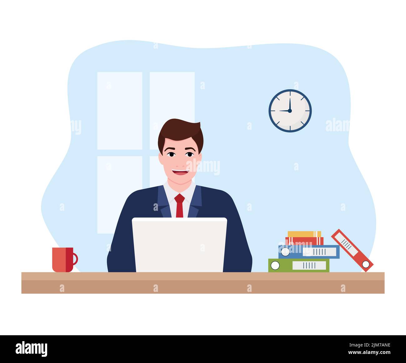 Unternehmer in einem Anzug, der an seinem sauberen und eleganten Schreibtisch an einem Laptop arbeitet. Flache Farbe moderne Vektor-Illustration. Eps Stock Vektor