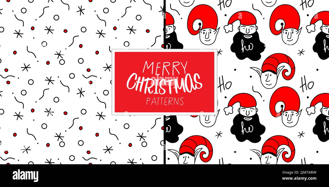 Frohe Weihnachten Set aus nahtlosen Muster mit Kopf Elf und Santa Claus. Die Xmas schwarz und rot Vektor Illustration in Doodle Art Stil. Trendige Hand Stock Vektor