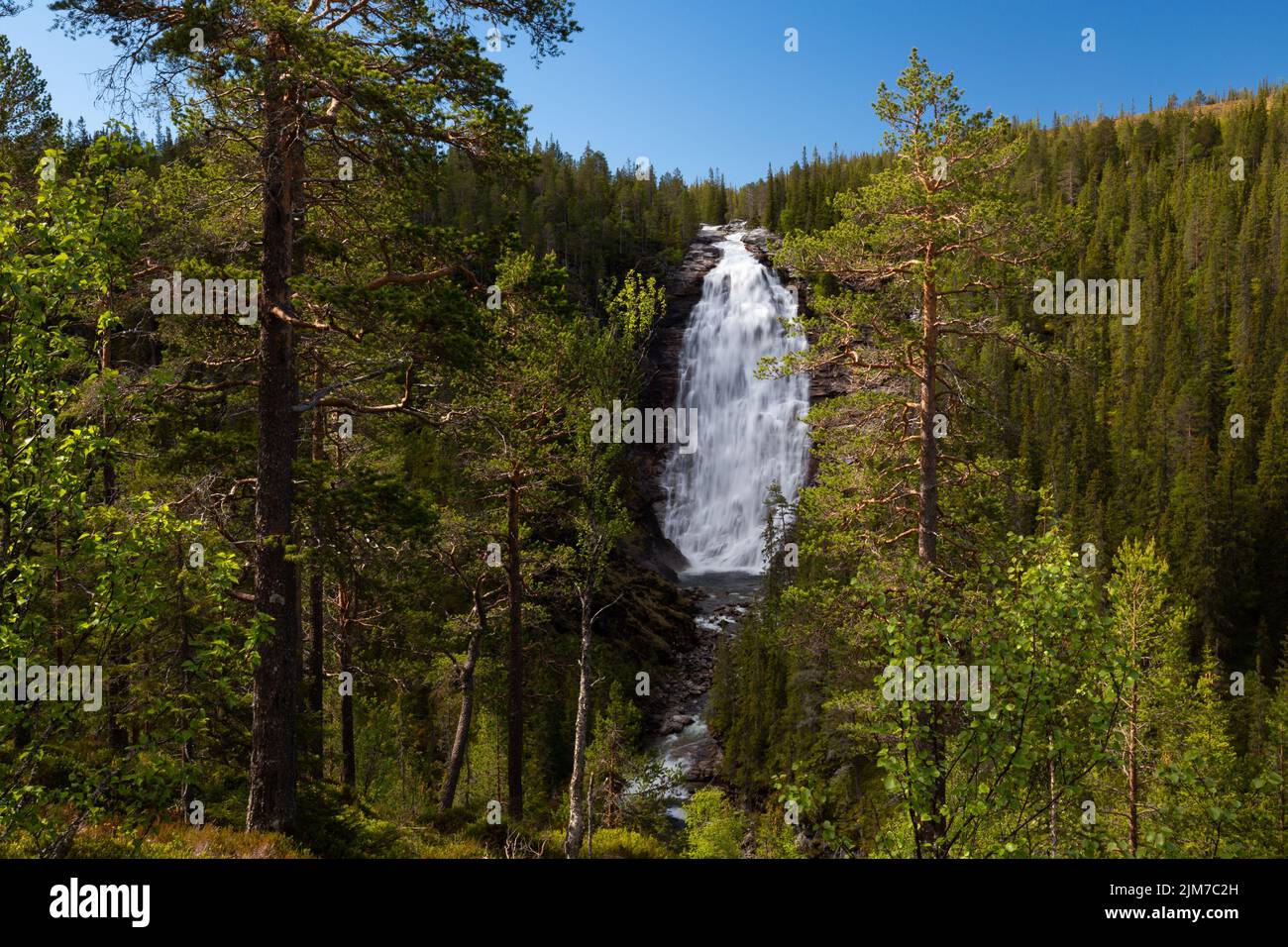 Henfallet Wasserfall in Tydal Berge im Sommer Look. Große und hohe Wasserfälle im borealen Wald Norwegens. Stockfoto