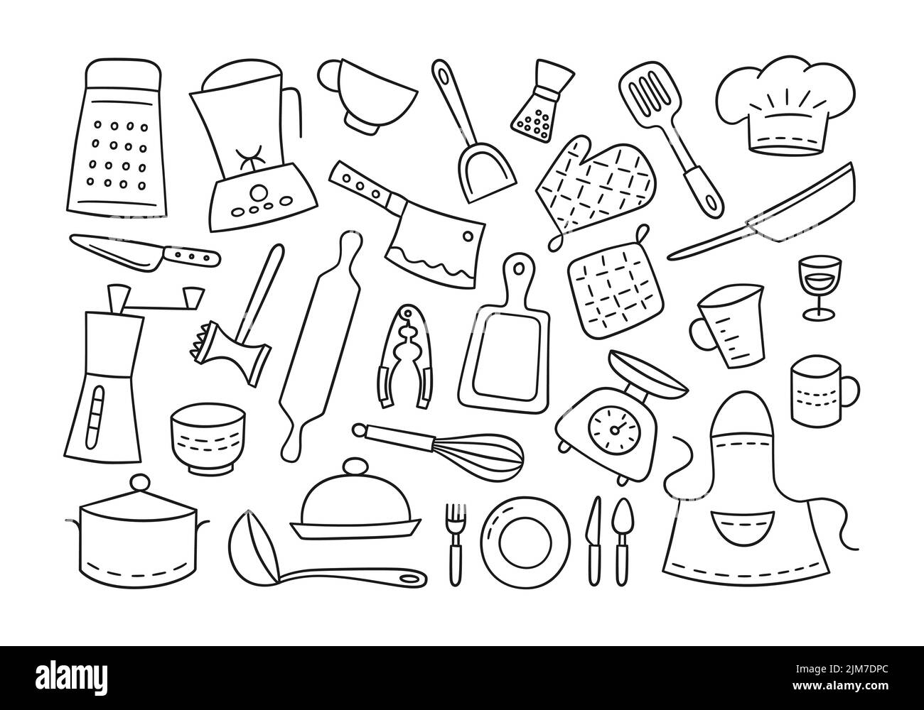 Küchengeräte und Geschirr. Kochen. Von Hand gezeichnet. Stock Vektor