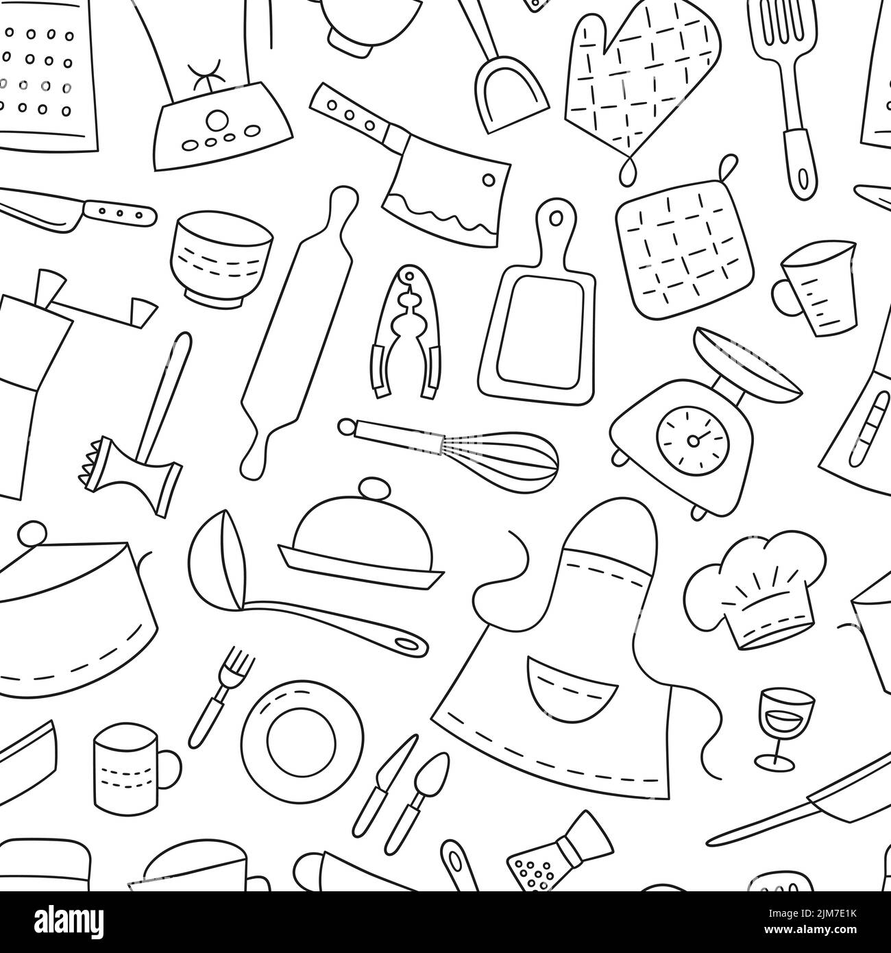 Küchengeräte und Geschirr. Kochen. Nahtloses Muster. Handgezeichnete Vektorgrafik Stock Vektor