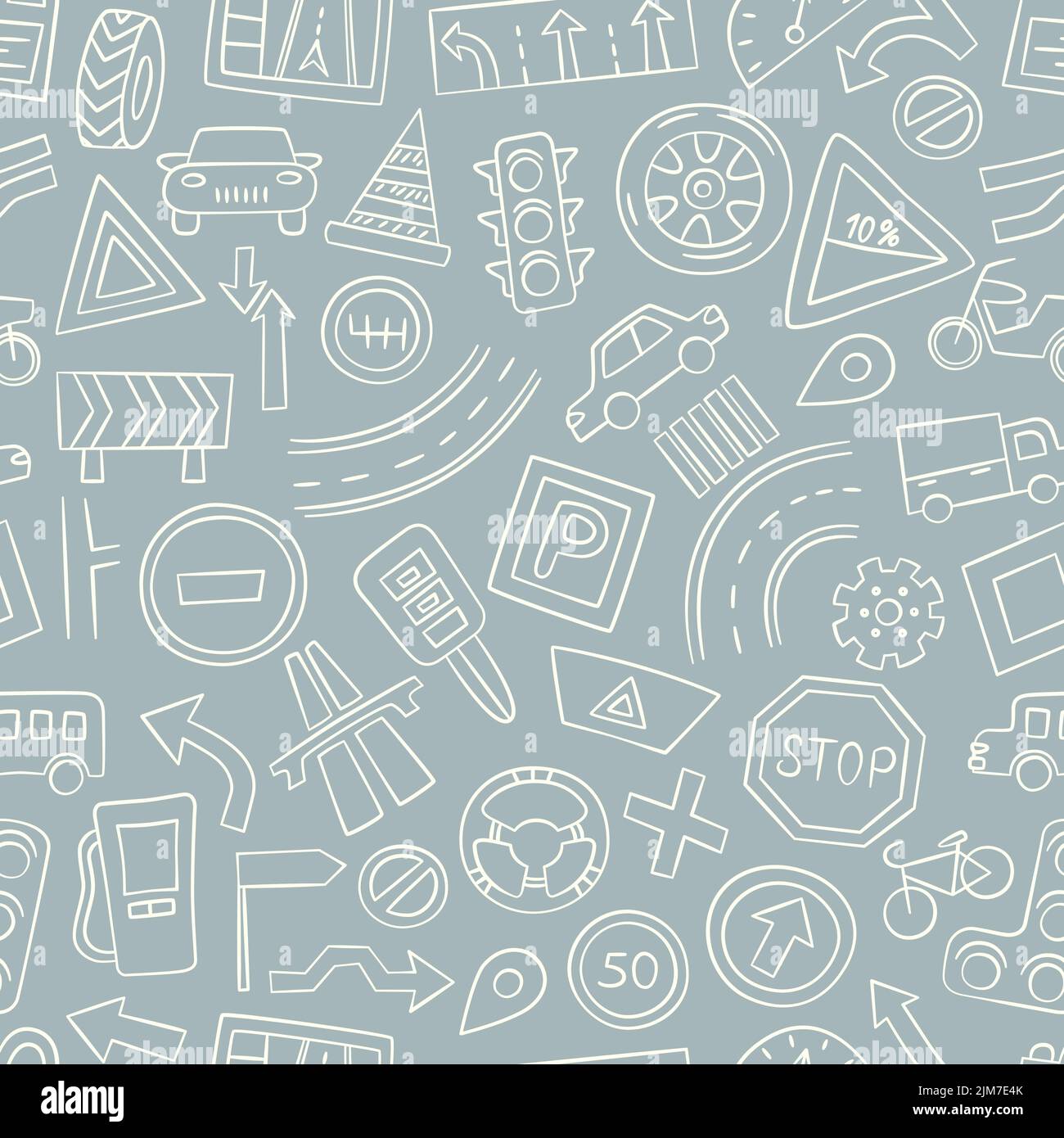 Autos, Straßenobjekte, Verkehrszeichen und Automobilsymbole. Nahtloses Muster im Doodle-Stil. Vektorgrafik Stock Vektor