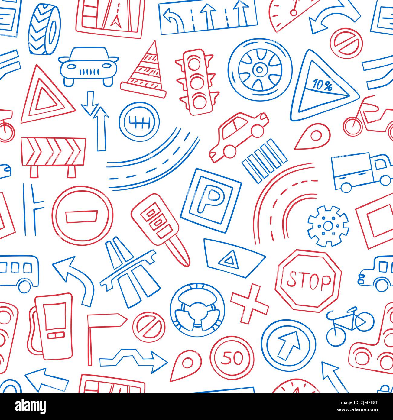 Autos, Straßenobjekte, Verkehrszeichen und Automobilsymbole. Nahtloses Muster im Doodle-Stil. Vektorgrafik Stock Vektor