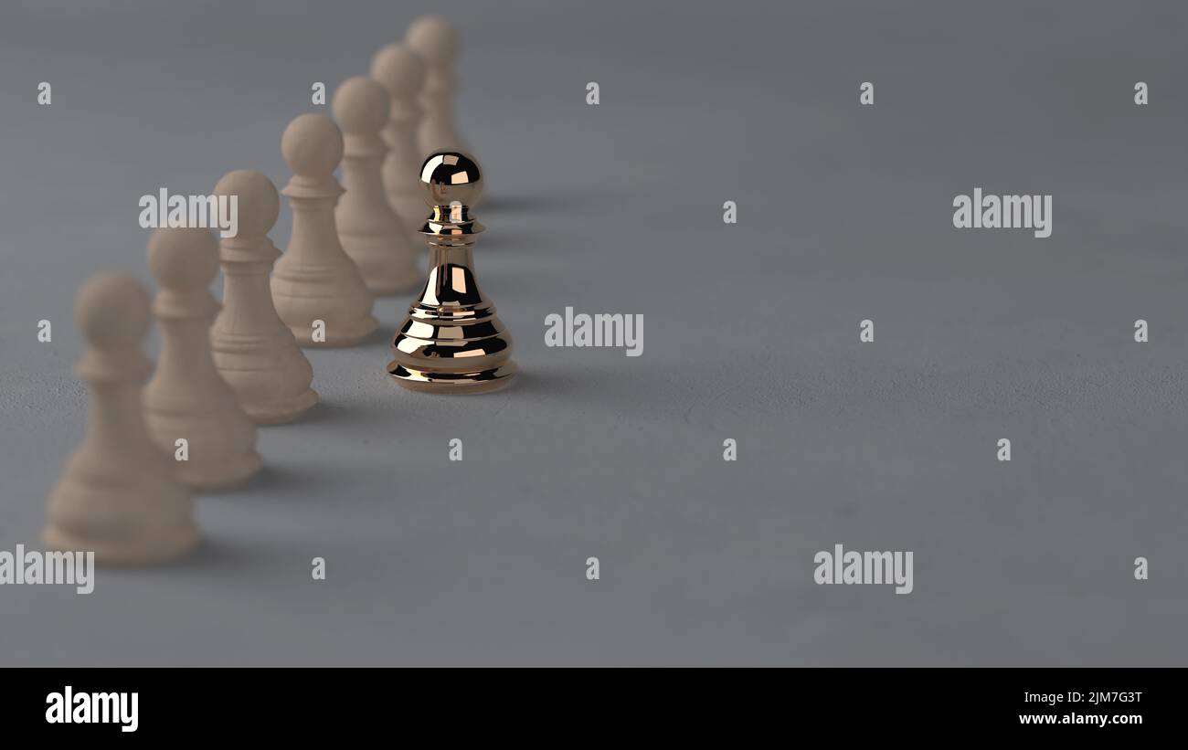 Schachfiguren aus Holz sind mit Goldfiguren vorne aufgereiht, das Konzept der Führung in der Organisation, wagen es, anders zu sein, um vorwärts zu kommen Stockfoto